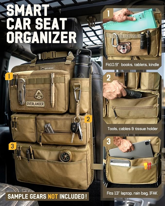 All in One Car Seat Back Organizer, Heavy Duty Molle Panel Seat Back Protector with Multi-Pockets Storage for Tools, Camping, Travel, Fit Most Cars SUV Trucks Jeeps Pickups