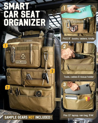 All in One Car Seat Back Organizer, Heavy Duty Molle Panel Seat Back Protector with Multi-Pockets Storage for Tools, Camping, Travel, Fit Most Cars SUV Trucks Jeeps Pickups