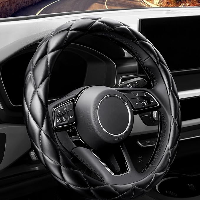 YHONGJT Soft Microfiber Leather Steering Wheel Cover, Universal 15 Inch for Women Girls, Fit Vehicles, Sedans, SUVs, Vans, Trucks - Black