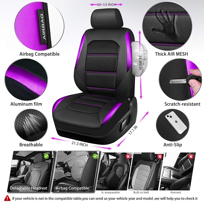 CAR PASS Memory Foam Car Seat Covers,Air Cool Mesh Thick Seat Covers Front Seats,Purple Metal Film Leather Seat Cover for Car,Universal Comfort for Most Car,Truck,Airbag Compatible,Black Purple