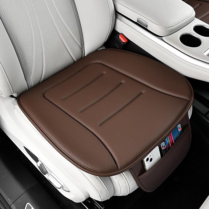 KAYI Car Seat Cushion, Comfort Memory Foam Car Cushions for Driving, Breathable Leather Surface with Anti Slip Rubber Bottom, Seat Cushion for Car and Office Chair (1 Pack, Brown)