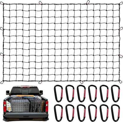 Cargo Net for Pickup Truck Bed 4' x 6' Stretches to 8' x 12' with 12 Metal Carabiners - Truck Bed Accessories for Dodge RAM, Ford, Chevy, Toyota