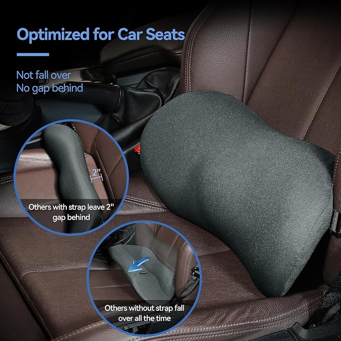 Lumbar Support Pillow for Car with Dual-Grip Stability System - Advanced Adaptive Memory Foam Back Pillow for Lower Back Pain Relief, Ergonomic Driving Seat & Office Chair Cushion, Gray