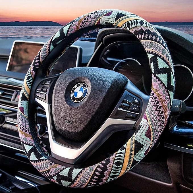 Valleycomfy Cloth Steering Wheel Covers for Women Bohemian Universal 15 inch Baja Blanket Enthic Maya
