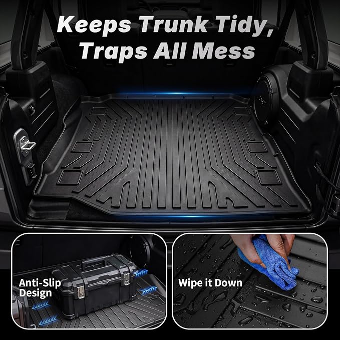 OEDRO Floor Mats Fit for 2018-2025 2026 Jeep Wrangler JL Unlimited 4-Door W/O Subwoofer (Not Fit for JK & 4XE), Custom Fit TPE All Weather Car Mats Full Set, 1st and 2nd Row & Cargo Liner, Black