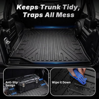 OEDRO Floor Mats Fit for 2018-2025 2026 Jeep Wrangler JL Unlimited 4-Door W/O Subwoofer (Not Fit for JK & 4XE), Custom Fit TPE All Weather Car Mats Full Set, 1st and 2nd Row & Cargo Liner, Black