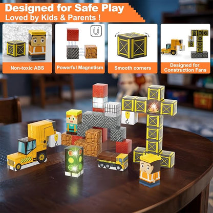 Aywewii Travel Magnetic Blocks 45 PCS Travel Toys for Kids Ages 3-5, Magnet Building Cubes STEM Learning Set with Iron Case - Portable Building Toys for Boys and Girls (Construction Edition 1)