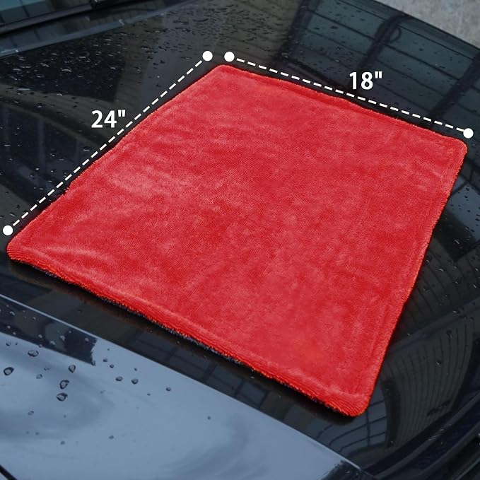 LIVOS 1000GSM Car Drying Towel, 18" x 24" Dual Sided Microfiber Towels for Cars, Ultra Absorbent Lint & Scratch-Free, Edgeless Twisted-Loop, Premium Wash Towel, Red&Grey