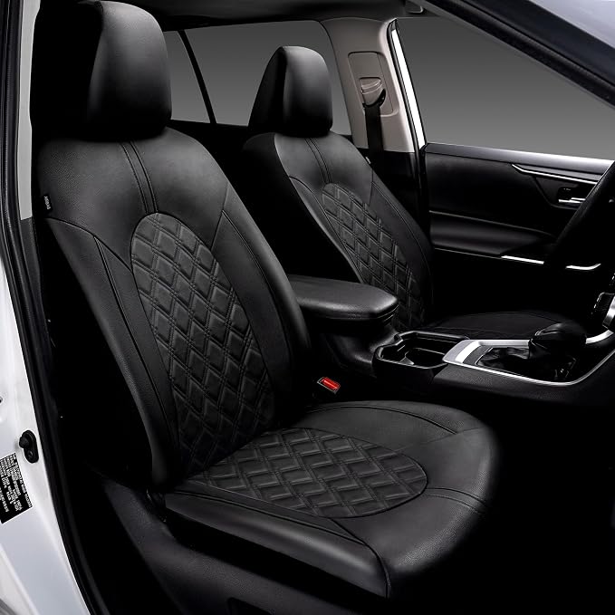 CAROMOP Luxury PU Leather Car Seat Covers Front Set - Anti-Stain Waterproof Automotive Seat Covers for Cars - Universal Car Interior Covers Seat Protectors for SUVs Pick-up Trucks(Black)