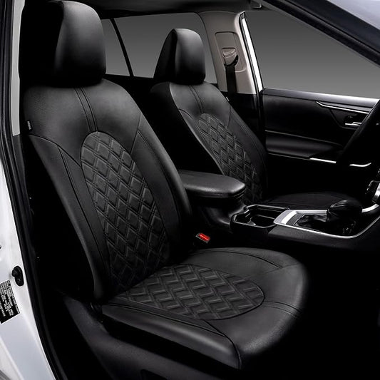 CAROMOP Luxury PU Leather Car Seat Covers Front Set - Anti-Stain Waterproof Automotive Seat Covers for Cars - Universal Car Interior Covers Seat Protectors for SUVs Pick-up Trucks(Black)