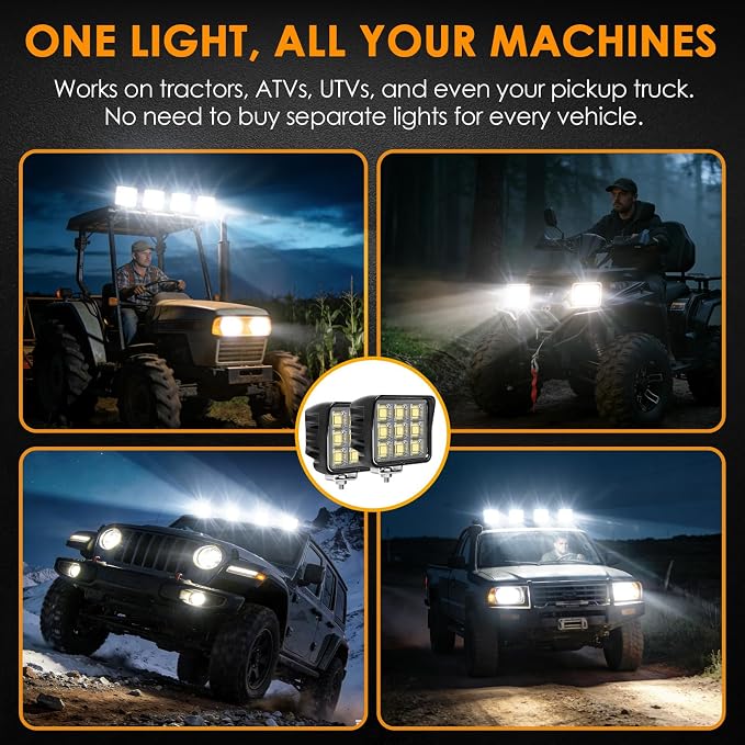 4.8Inch 288W 22000LM LED Tractor Light Bars, IP68 Waterproof Shockproof 12/24V LED Work Lights for Truck, 150° Flood Beam Off Road Light Bar for UTV ATV SXS and Heavy-Duty Equipment, 2PCS