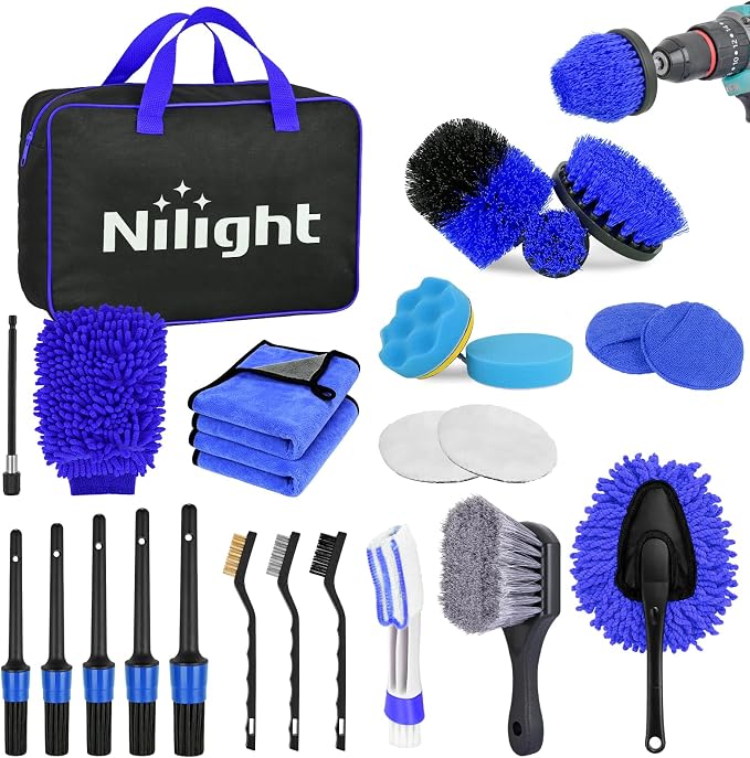 Nilight 27PCS Car Detailing Kit Auto Cleaning Tools Wash Set with Storage Carry Bag Home Use for Interior Exterior Deep Clean Polish Car Care Windshield Dashboard Seat Air Vents Wheels Tires, Blue