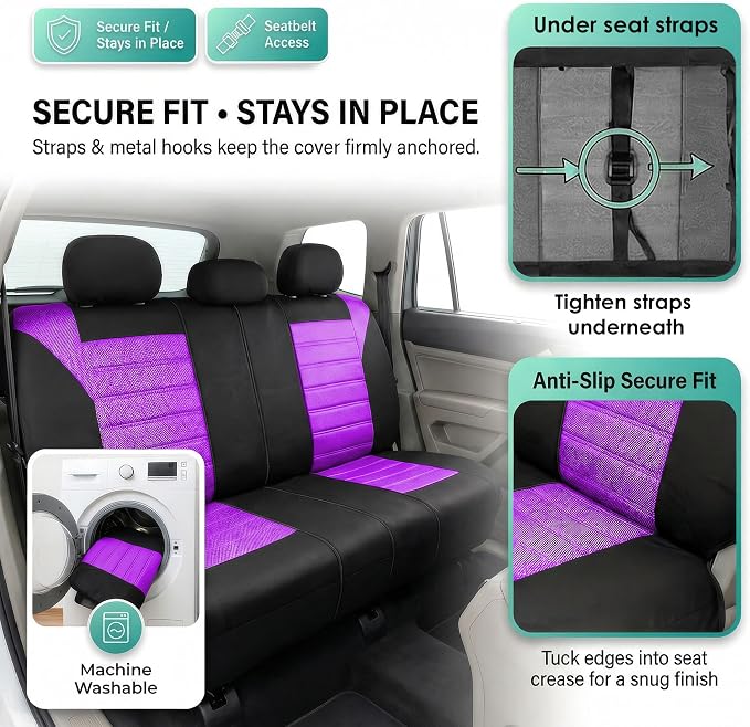 FH Group Automotive Car Seat Covers Rear Set Premium 3D Air Mesh Seat Covers, Airbag Compatible and Split Bench Cover Universal Fit Interior Accessories for Cars Trucks and SUVs - Purple