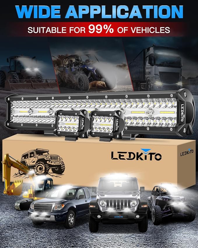 20Inch LED Light Bar and 4Inch LED Cube Pods Lights Kit with Wiring Harness Rocker Switch Spot Flood Combo Triple Row Off Road Driving Work Lights Bar for Pickup SUV UTV ATV Truck Tractor Boat