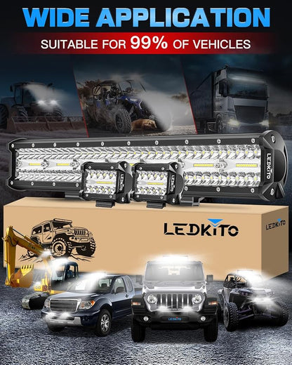 20Inch LED Light Bar and 4Inch LED Cube Pods Lights Kit with Wiring Harness Rocker Switch Spot Flood Combo Triple Row Off Road Driving Work Lights Bar for Pickup SUV UTV ATV Truck Tractor Boat