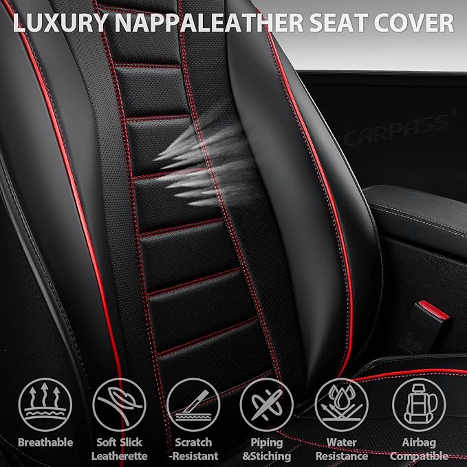 CAR PASS Nappa Leather Seat Covers, Universal FIT Piping Leather Car Seat Covers Full Set for Cars,SUV,Truck 3D Foam Waterproof Luxury Seat Covers 5 Seats, Comfort Durable Airbag Compatible Black Red