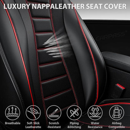 CAR PASS Nappa Leather Seat Covers, Universal FIT Piping Leather Car Seat Covers Full Set for Cars,SUV,Truck 3D Foam Waterproof Luxury Seat Covers 5 Seats, Comfort Durable Airbag Compatible Black Red