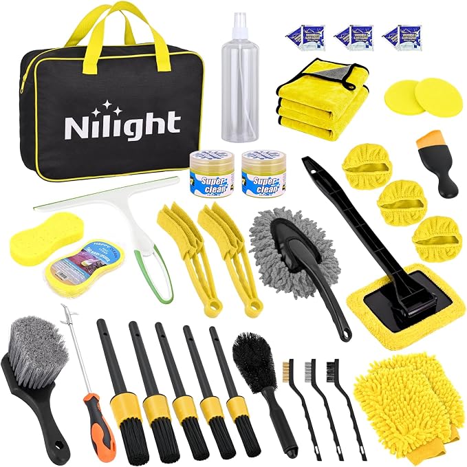 Nilight 37PCS Car Detailing Kit Auto Cleaning Tools Wash Set with Storage Carry Bag Home Use for Interior Exterior Deep Clean Car Care Windshield Dashboard Seat Air Vents Wheels Tires, Yellow