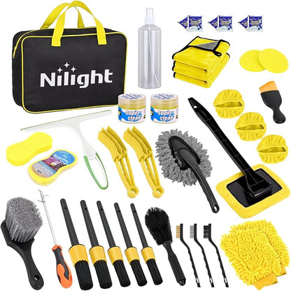 Nilight 37PCS Car Detailing Kit Auto Cleaning Tools Wash Set with Storage Carry Bag Home Use for Interior Exterior Deep Clean Car Care Windshield Dashboard Seat Air Vents Wheels Tires, Yellow