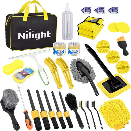 Nilight 37PCS Car Detailing Kit Auto Cleaning Tools Wash Set with Storage Carry Bag Home Use for Interior Exterior Deep Clean Car Care Windshield Dashboard Seat Air Vents Wheels Tires, Yellow