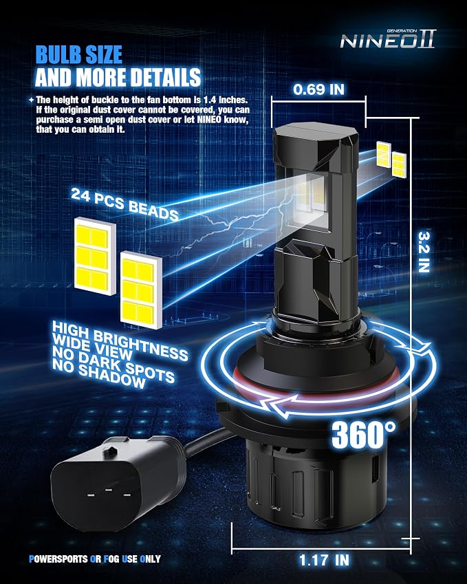 NINEO 9007 Bulbs, 9007 Fog Lights, [2025 Upgrade] 600% Brighter 6500K White, Fan-Cooled, No Flicker, Plug & Play, Driving or Fog Light, 2 Pack