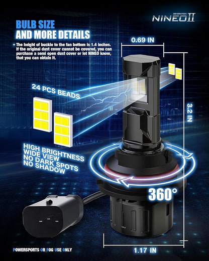 NINEO 9007 Bulbs, 9007 Fog Lights, [2025 Upgrade] 600% Brighter 6500K White, Fan-Cooled, No Flicker, Plug & Play, Driving or Fog Light, 2 Pack