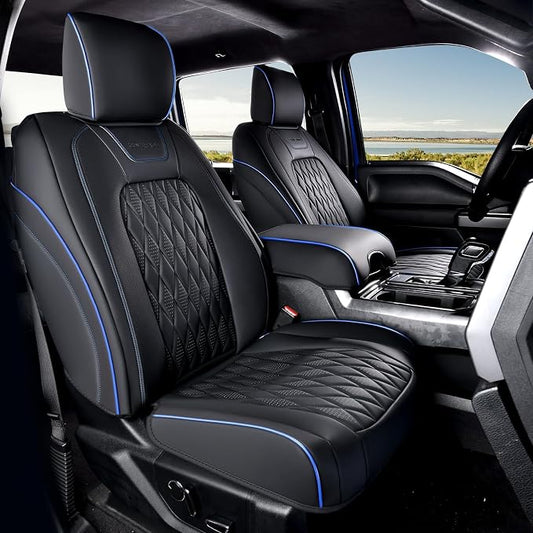 Coverado Leather Ford F150 Seat Covers Full Set, Automotive Seat Covers for Pick-up Truck, Waterproof Cushion Cover for 2015-2026 F150 and 2017-2026 F250 F350 F450 (Blue line)