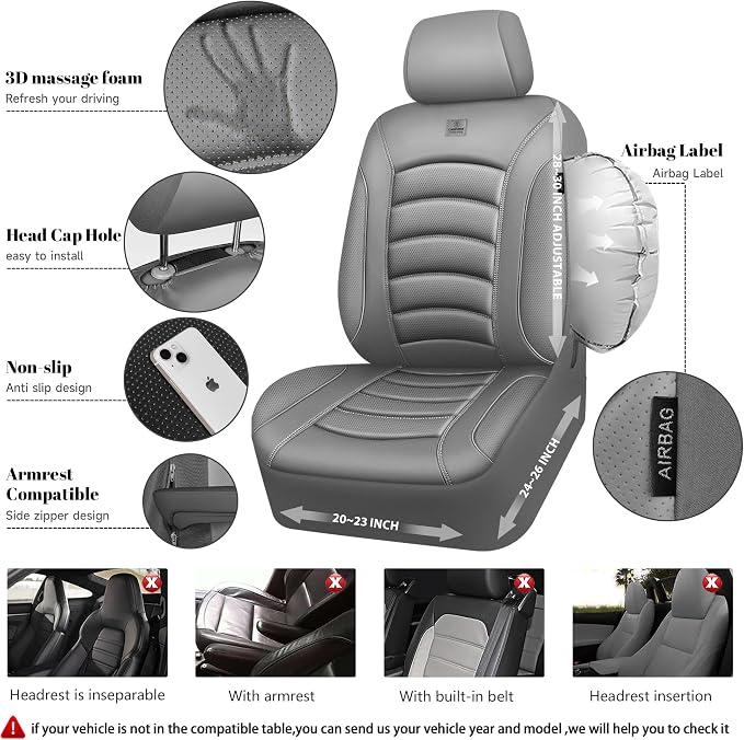 CAR PASS 3D Foam PU Leather Car Seat Covers, Universal Seat Covers Full Sets for Trucks SUV Sedan Automotive Seat Covers Armrest Airbag Compatible Waterproof Comfortable Faux Nappa Leather All Gray