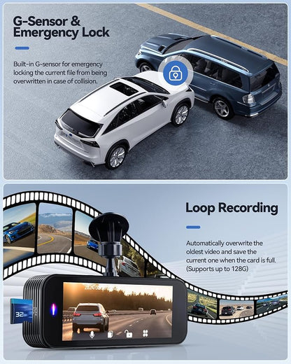 Dash Camera for Cars, 4K Dash Cam Front and Rear with 5G WiFi, Free Card Included, Loop Recording, Night Vision, 170°Wide Angle, G-Sensor, 24H Parking Mode