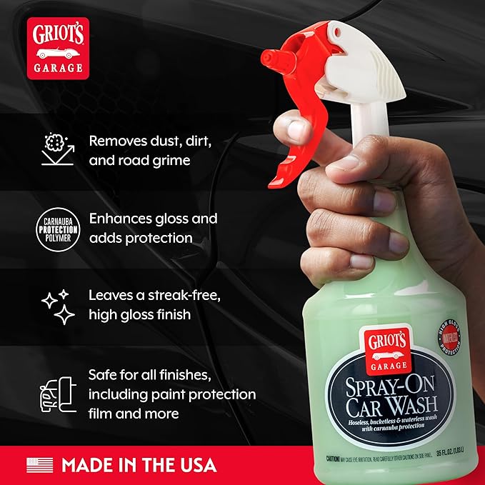 Griot's Garage Spray-On Car Wash for Vehicle Cleaning and Detailing, Rinseless and Waterless, No Hose and Bucket Needed, With Carnauba Wax Protection, 11065, 35oz