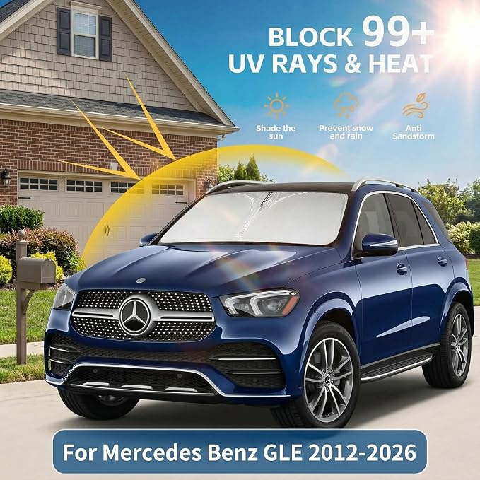 Windshield Sun Shade for Mercedes Benz GLE 2012-2025 2026 Sunshade Front Window Shade Custom Fit GLE Accessories Sun Visor Foldable Shade Blocks UV Rays Accessories
