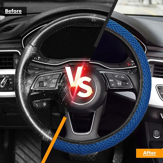 KAFEEK Elastic Stretch Steering Wheel Cover 15 Inch, Breathable Ice Silk Microfiber, Non-Slip Grip, Warm in Winter and Cool in Summer, Odorless, Car Accessories Fit Cars, SUVs, Light Blue