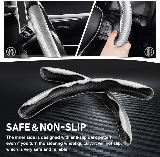 Cartist Steering Wheel Cover, Carbon Fiber Steering Wheel Cover Men/Women, Anti-Slip, Heat Resistant, Durable, Universal for 99% Car Interior Accessories (Silver)
