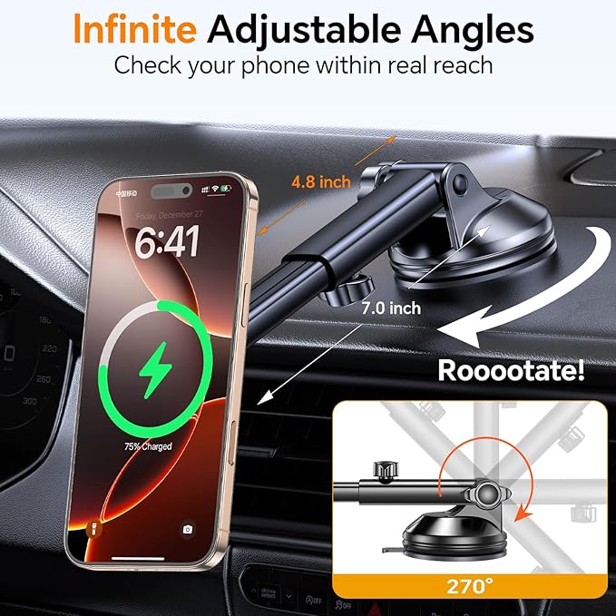 Coolpow for MagSafe Car Mount Charger【Ultra Magnet】 Magnetic Phone Holders for Your Car Charger【Windshield+Vent+Dash】 Magnetic Wireless Car Phone Holder Charger Car Mount for iPhone 17 (Carbon Fiber)