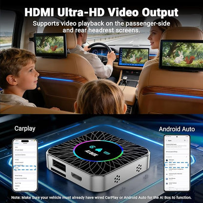 AI Box Carplay, 4+32GB Car Video Box for Netflix/YouTube/TikTok/TF Card & HDMI Output Streaming Magic AI Box Wireless CarPlay Adapter with Ambient Light, Fits for OEM Wired Car Play Cars