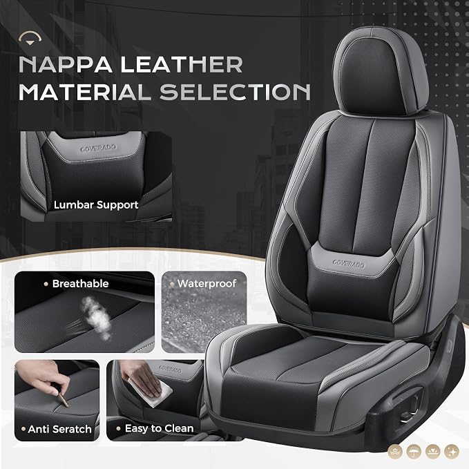 Coverado Car Seat Covers Full Set, Car Seat Protector Waterproof, Nappa Leather Car Seat Cushion, Seat Covers for Cars, Front Seats and Back Universal Fit for Most Cars