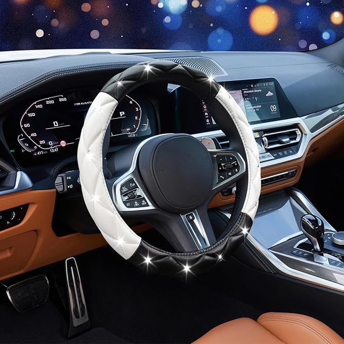 SuperKaKa Black and White Steering Wheel Cover, Auto Cute PU Diamond Bling Comfort Leather Car Interior Accessories Protector Sparkly Fit Most O-Shaped Steering Wheels