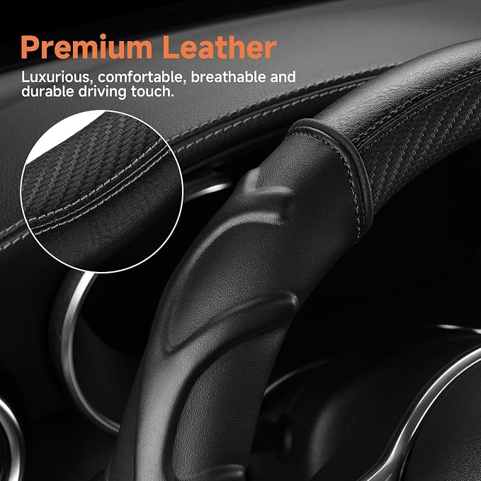 West Llama Carbon Fiber Leather Steering Wheel Cover with Anti-Slip Grip, 3D Textured Design, 14.5-15 Inch Car Steering Wheel Cover, Durable Interior Accessory (Standard Size-Black)