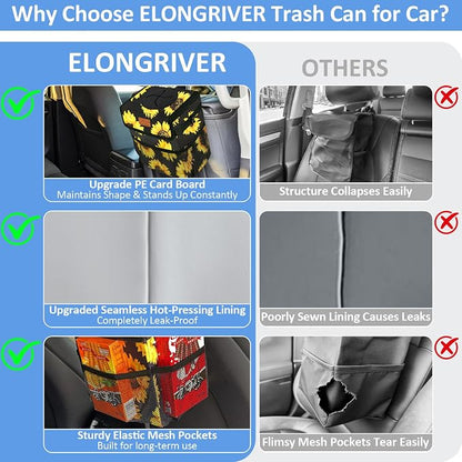 ELONGRIVER Car Trash Can Bin for Back Seat Leak Proof, Cute Car Trash Bag Hanging, Vehicle Trash Can for SUV Truck Van, Automotive Garbage Cans Front Seat Sunflower Floral