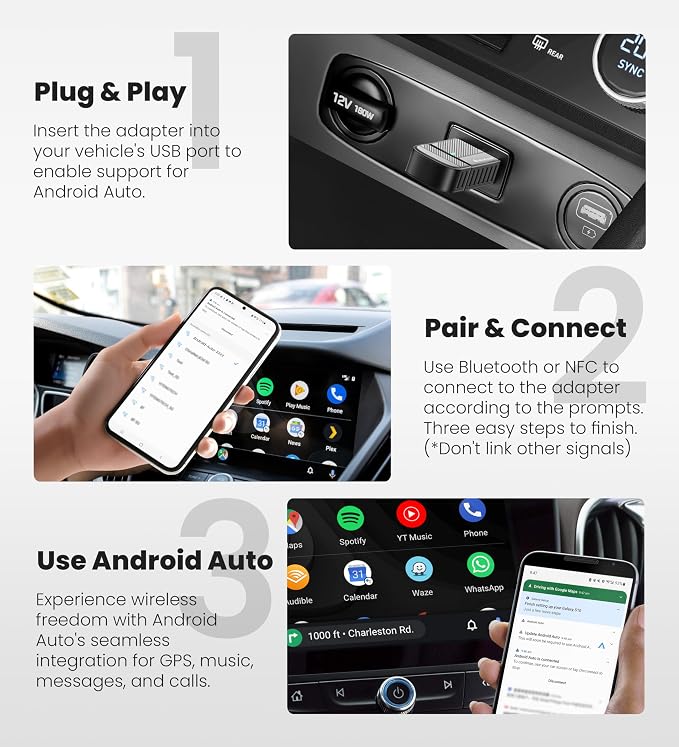 ByteWave Android Auto Wireless Adapter, 8s Fast Mini Wireless Android Auto Adapter with NFC Instant Connect, 5.8GHz WiFi Bluetooth 5.3 Stable Plug & Play USB-A/Type-C Car Dongle for Android 12+
