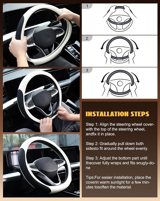 Car Leather Steering Wheel Cover, Genuine Embossed Leather with Anti-Slip Lining, Universal 15 Inch, Fits SUVs, Vans, Sedans, Trucks, White