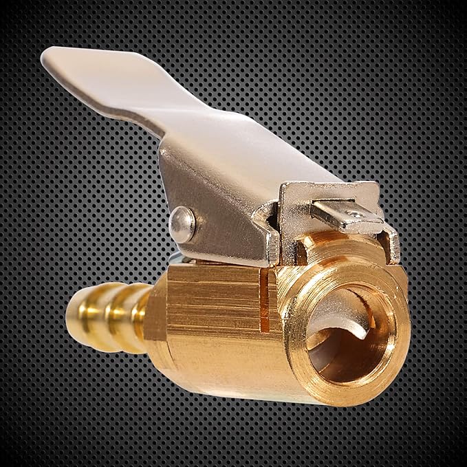 Toolwiz Lock on Air Chuck Inflate Locking with Clip, 1/4 Inch Brass Portable Tire Inflator Nozzle Presta Valve Adapter Tire Chucks Air Compressor Attatchments Hose End with Barb Connector,2pcs