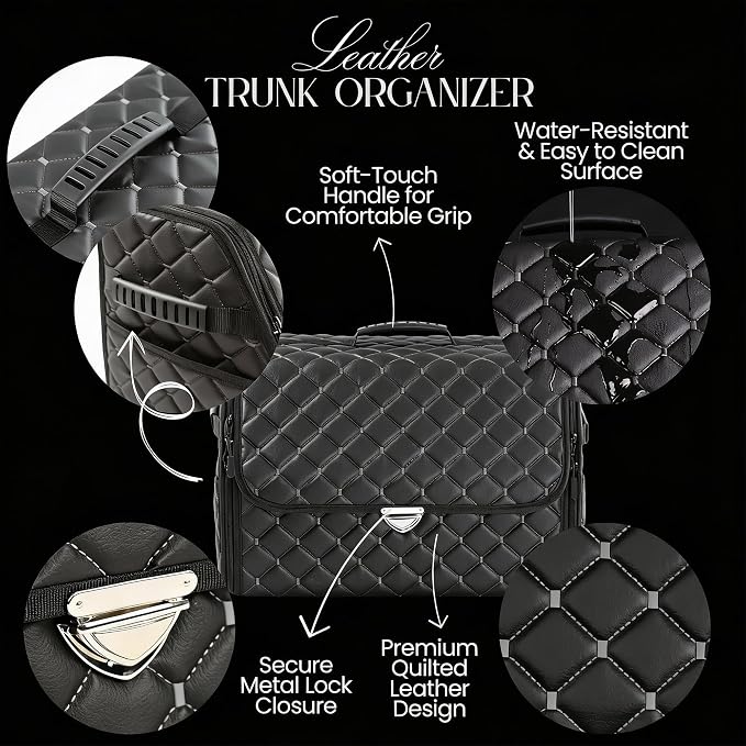 Leather Trunk Organizer with Lid for Suv and more, Foldable Car Organizer, Car Organizers and Storage with Pockets, Non-Slip Design (White-Black)