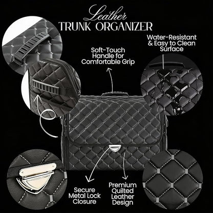 Leather Trunk Organizer with Lid for Suv and more, Foldable Car Organizer, Car Organizers and Storage with Pockets, Non-Slip Design (White-Black)