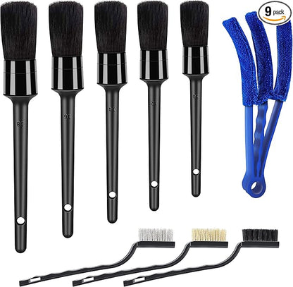 HMPLL 9pcs Auto Car Detailing Brush Set/ Interior Cleaning Kit Includes 5 Soft Premium Detail Brush, 3 Wire Brush & 1 Vent Cleaning Brush for Cleaning Interior, Dashboard, Engines, Leather, Wheel