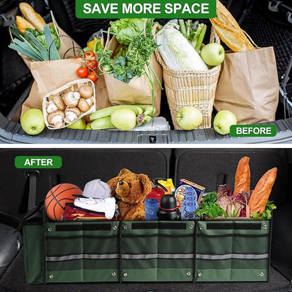 Snuopfy Car Trunk Organizer,115L Heavy Duty Collapsible Trunk Storage, with Insulated Leakproof Cooler Bag Vehicle Cargo Organizer with Lid, 3 Compartments, Straps For Car,Suv,Jeep,Sedan-Green