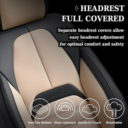 Coverado Waterproof Nappa Leather Car Seat Covers, Automotive Seat Covers，Front Car Seat Cushion & Car Seat Protector, Seat Covers Universal Fit for Most Cars, SUVs,Trucks,Black&Beige