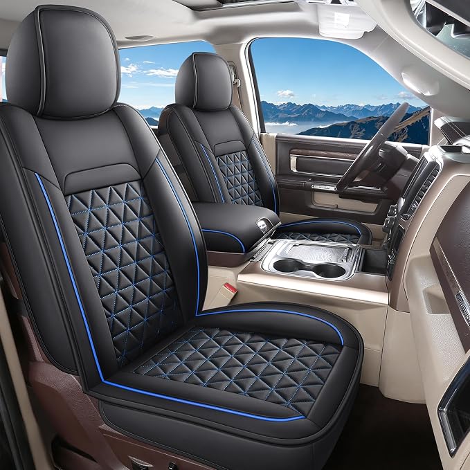 Coverado Ram Seat Covers Full Set, Waterproof Ram 1500 Seat Cover Compatible with 2002-2026 Dodge RAM 1500 2500 3500 Crew Quad Cab with Curved Bench, Black&Blue line