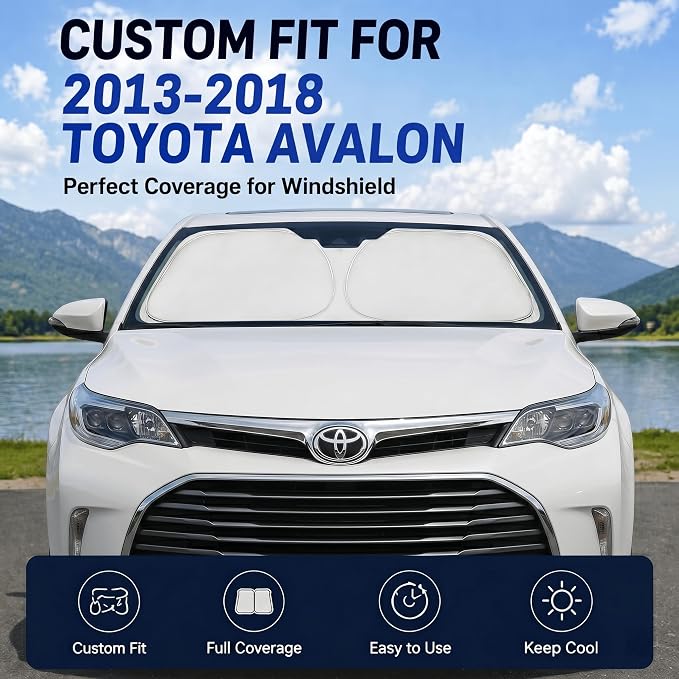 Custom Fit Windshield Sun Shade for Toyota Avalon 2013-2018 | Custom Fit Windshield Cover, Blocks UV Rays, Double-Layer Heat Shield, Durable Frame, Easy Fold & Storage