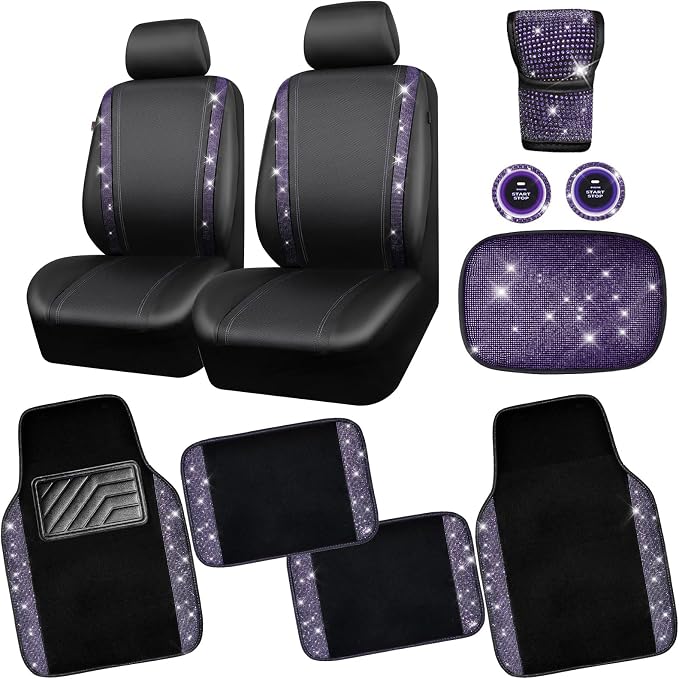 CAR PASS Bling Rhinestone Diamonds Car Seat Covers Leather Shining Rhinestone Car Floor mats Carpet with Anti-Slip Nibs Sparkly Car Accessories Sets Women Glitter Crystal Combo Set Violet Purple